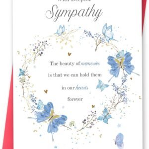 Sympathy Cards with Blue Butterfly Design, Elegant Condolence Greeting Card for Loss, Double-Sided 8 x 5.3 Inch with Envelope